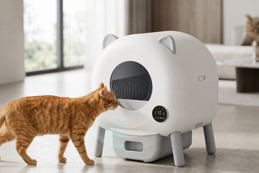Automatic self cleaning litter box with enclosed cat-friendly design and removable waste drawer