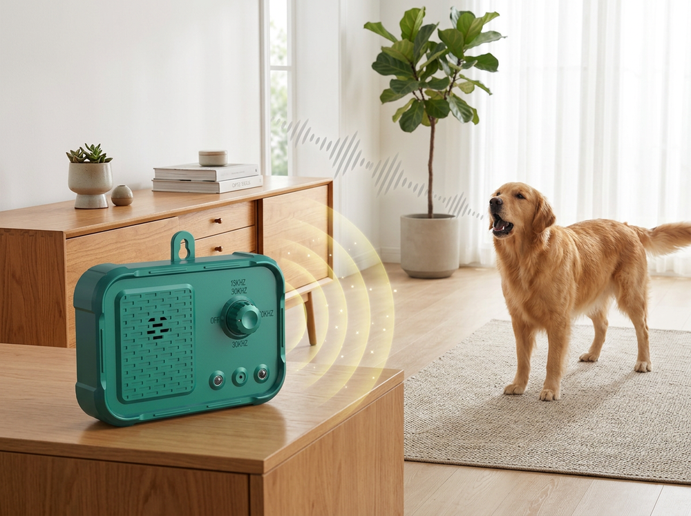 Automatic ultrasonic bark deterrent detecting a barking dog during home training.