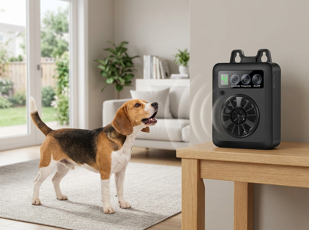 
 Automatic ultrasonic dog bark-control device responding to a barking dog indoors