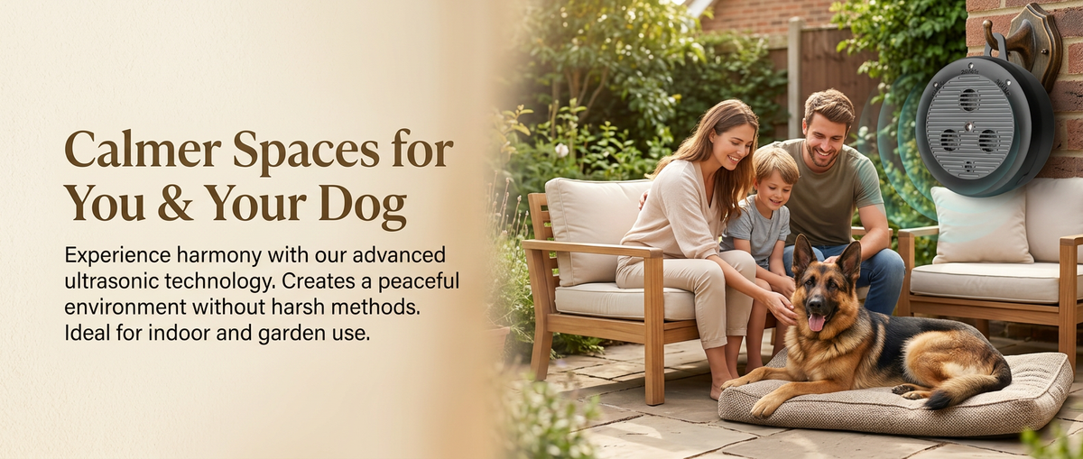 Happy family with a calm dog and automatic ultrasonic bark deterrent in a modern home and garden setting.
