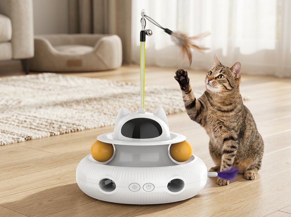  Indoor cat reaching toward the upright feather wand on a white 4-in-1 interactive cat toy