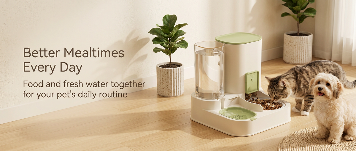 Cat and dog beside a two in one pet food feeder and water dispenser in a modern home