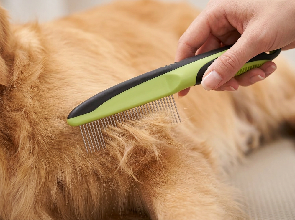 

Owner brushing dog fur using grooming comb.
