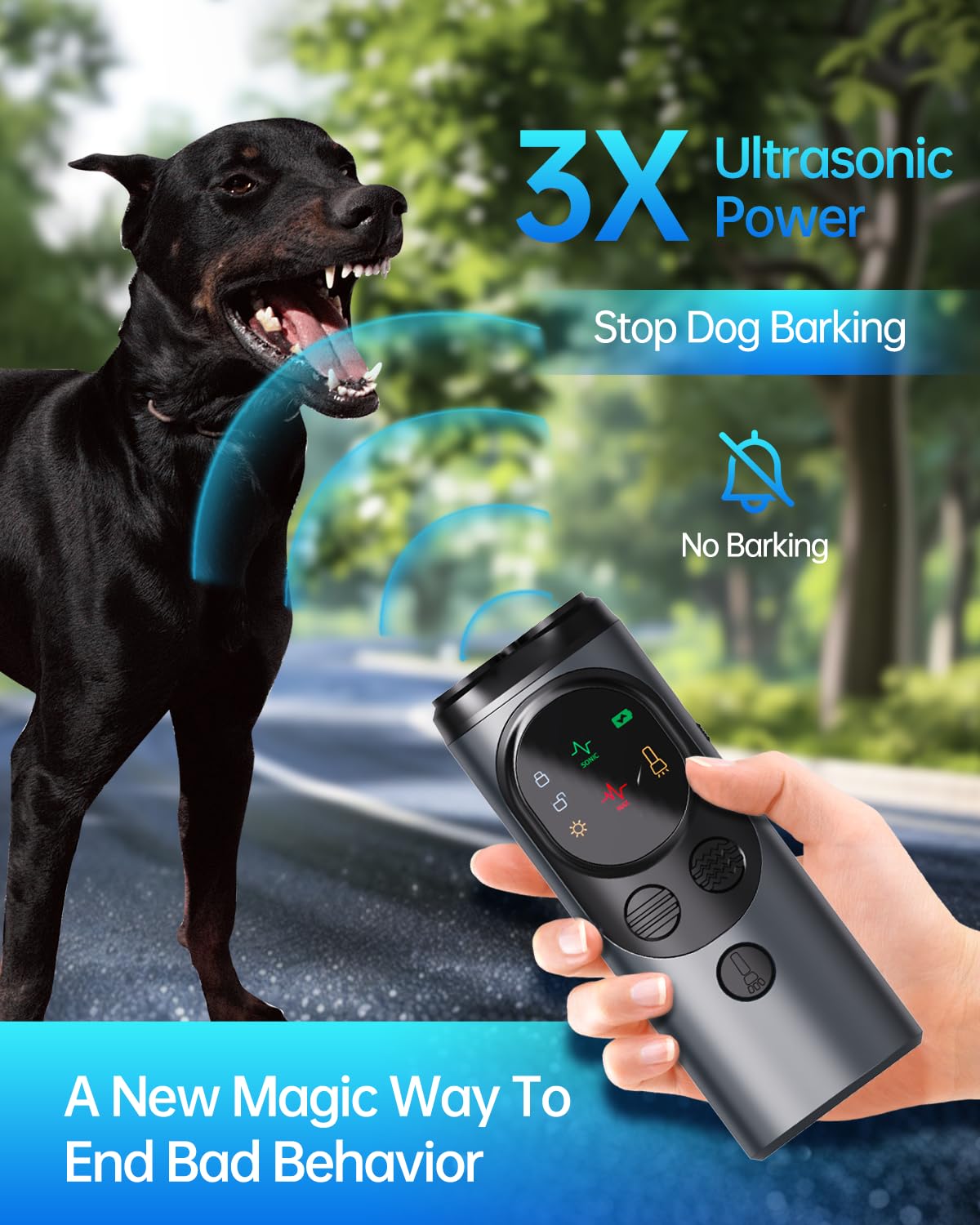 Ultrasonic dog training device with integrated LED flashlight for added convenience