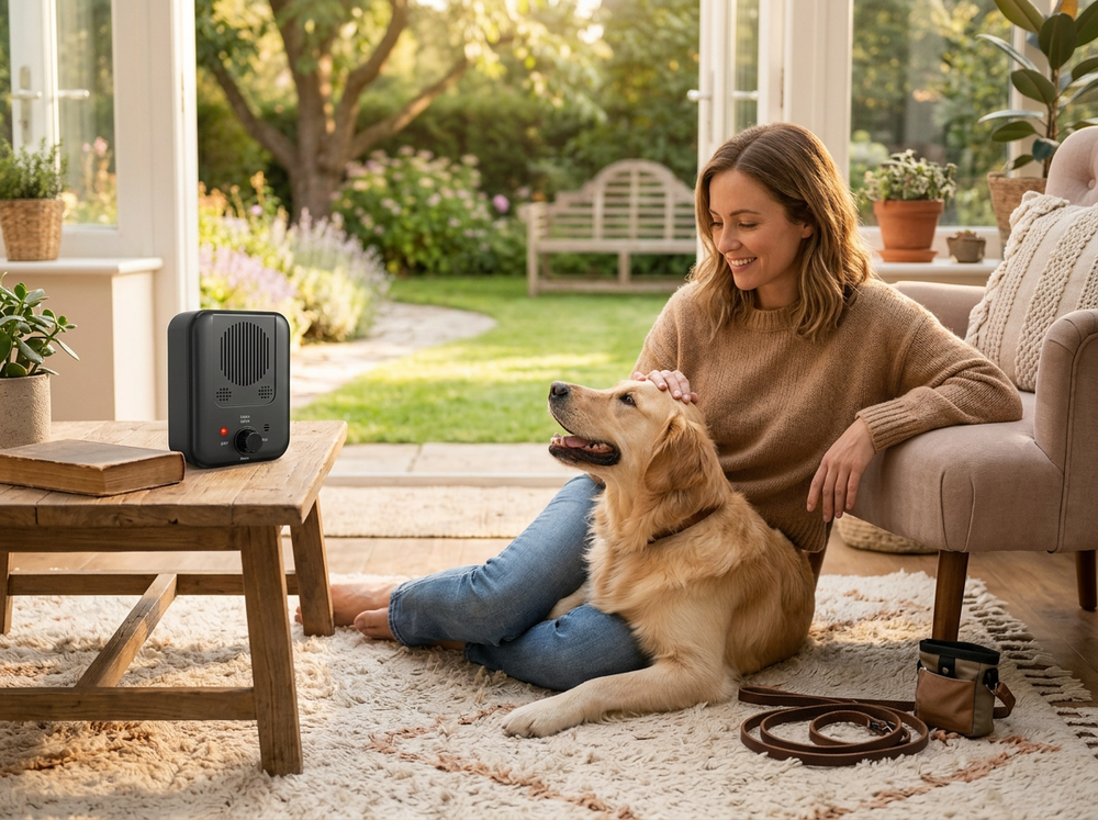 
 Calm dog relaxing with owner after ultrasonic bark training.
