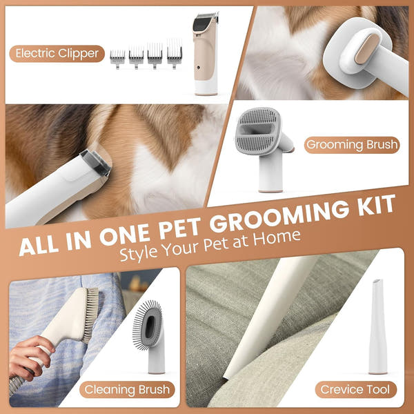 Dog grooming vacuum collecting loose and shedding pet hair during grooming