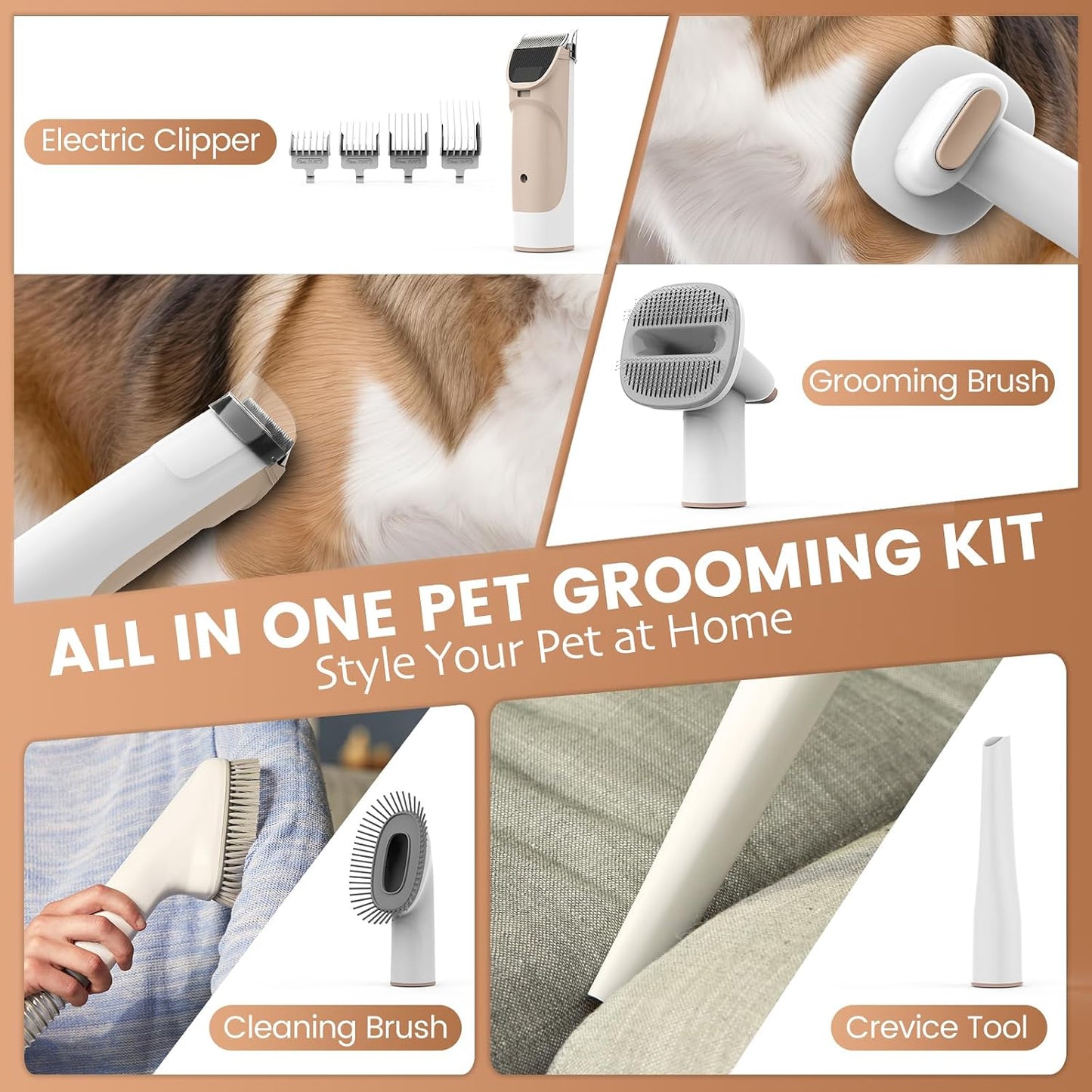 Dog grooming vacuum collecting loose and shedding pet hair during grooming