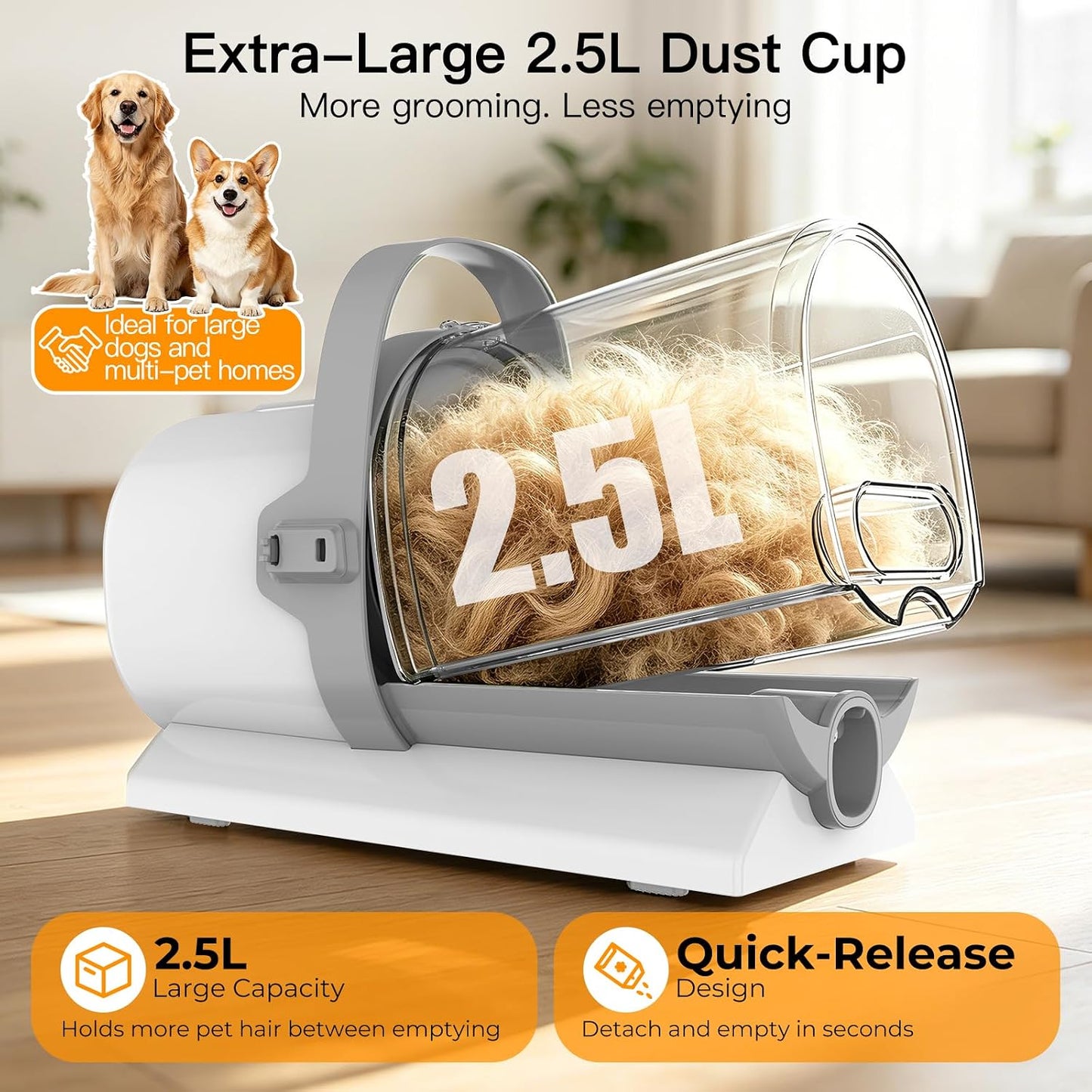 Pet grooming vacuum collecting loose and shedding fur during grooming