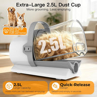 Pet grooming vacuum collecting loose and shedding fur during grooming