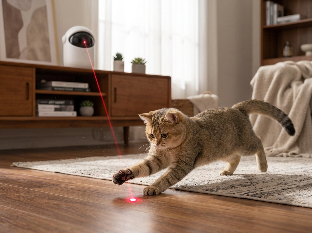Indoor cat chasing moving infrared laser from automatic toy.