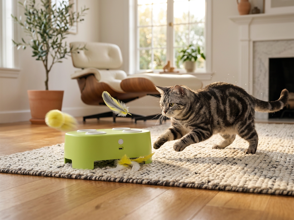 Interactive cat toy supporting exercise and mental stimulation.
