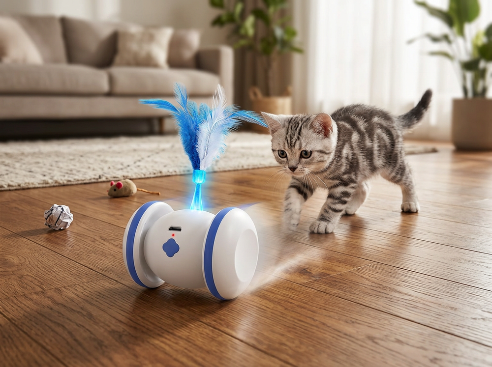 Interactive LED ball toy supporting indoor cat exercise.
