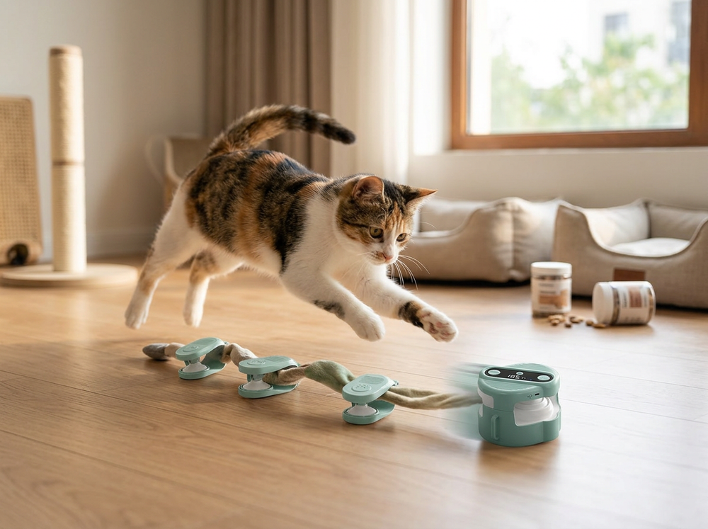 Interactive moving cat toy supporting indoor exercise and enrichment.