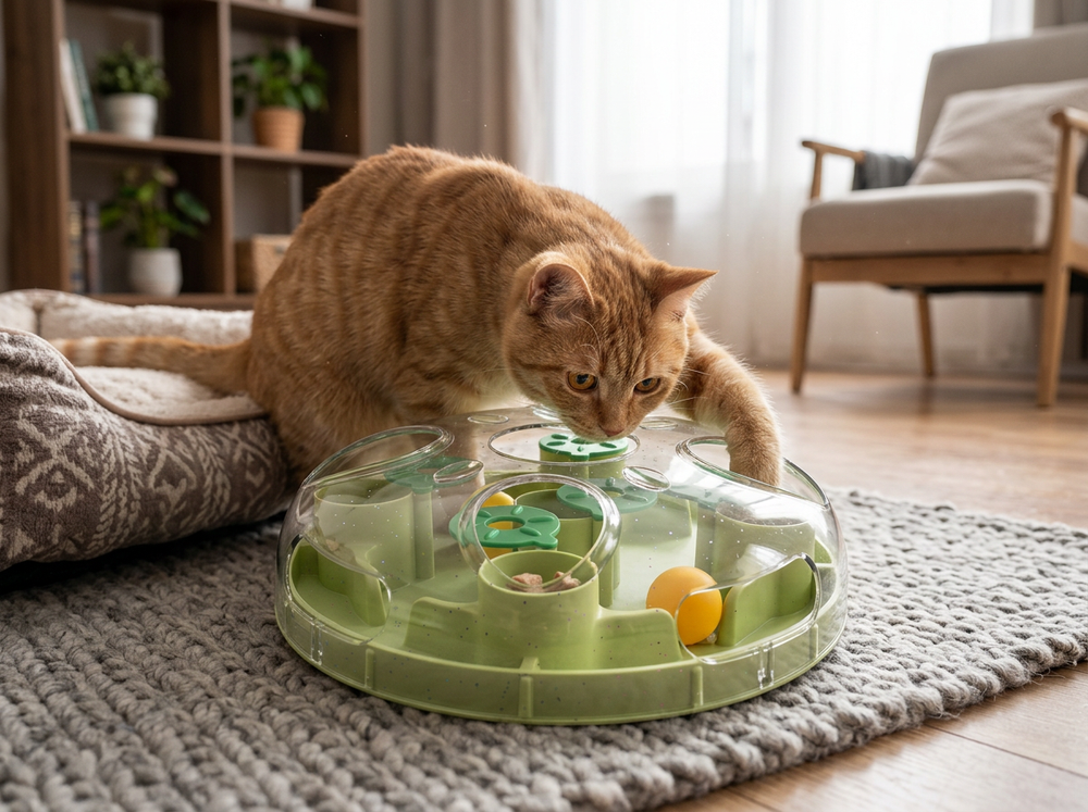 Cat exploring interactive rotating treat ball puzzle.