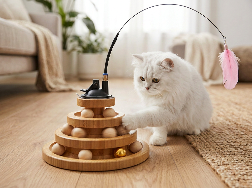 Cat exploring rolling ball tracks on wooden activity toy.