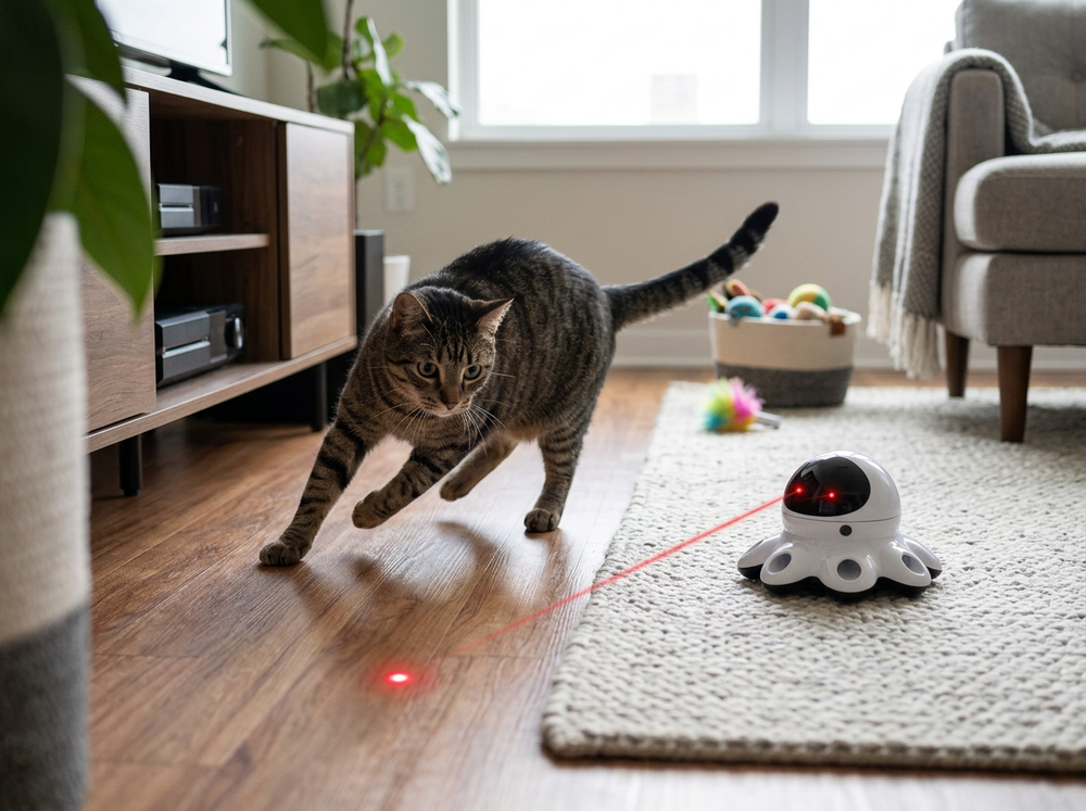 Indoor cat chasing laser from automatic interactive cat toy.