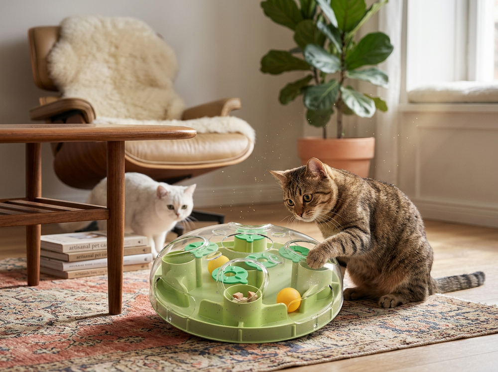 Interactive cat foraging toy for mental stimulation and boredom relief.