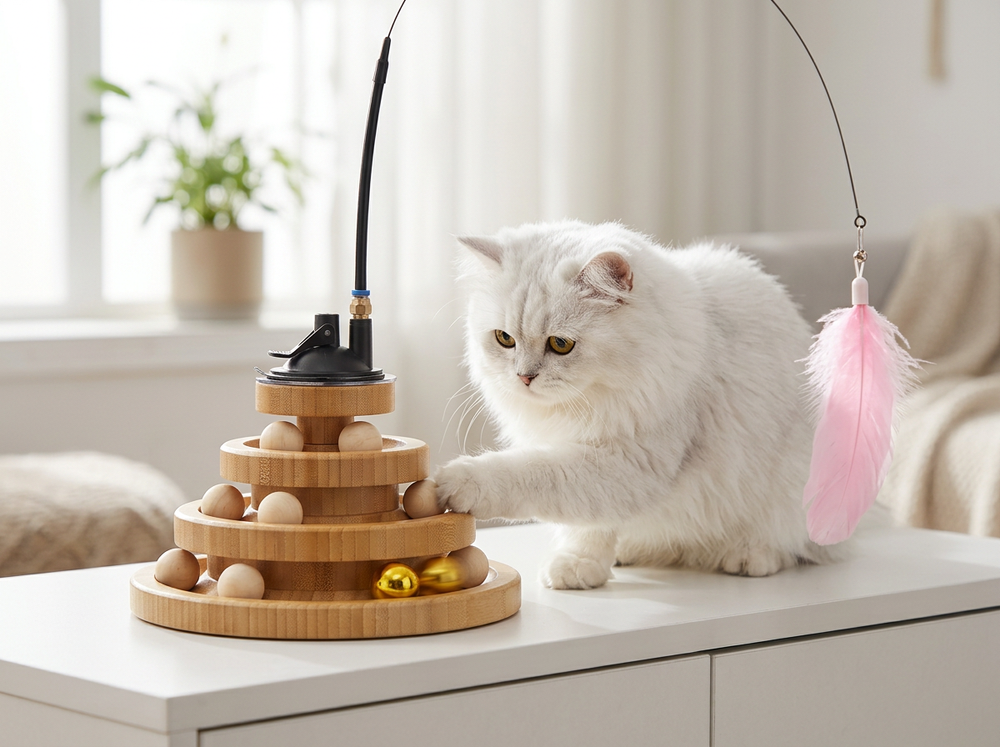 Cat pawing at rolling balls on 3-tier wooden cat toy.