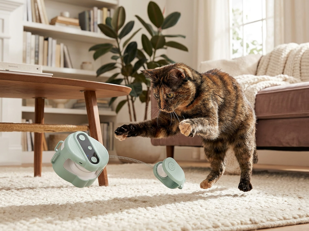 Indoor cat chasing automatic moving toy during play.