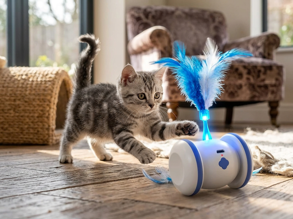 Cat chasing automatic LED rolling ball toy indoors.