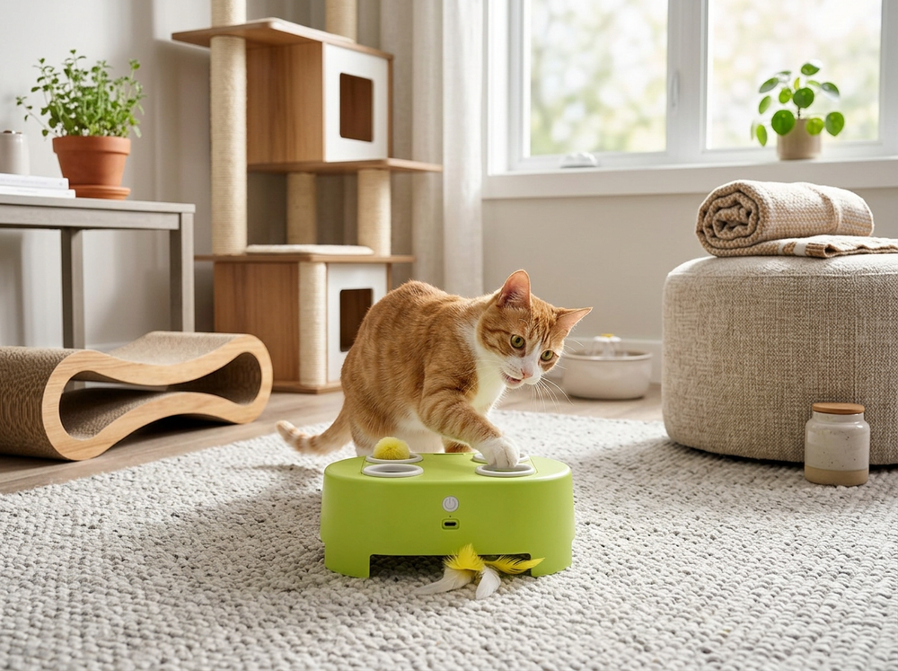 Cat chasing automatic moving toy during indoor play.