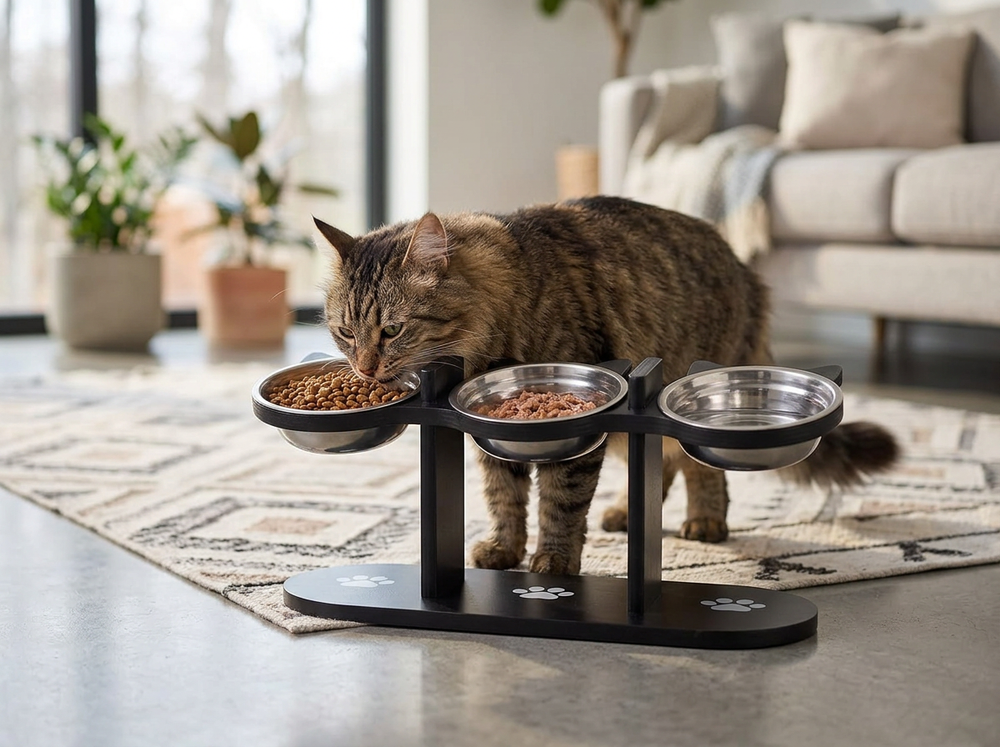 Cat eating from elevated raised feeding bowl
