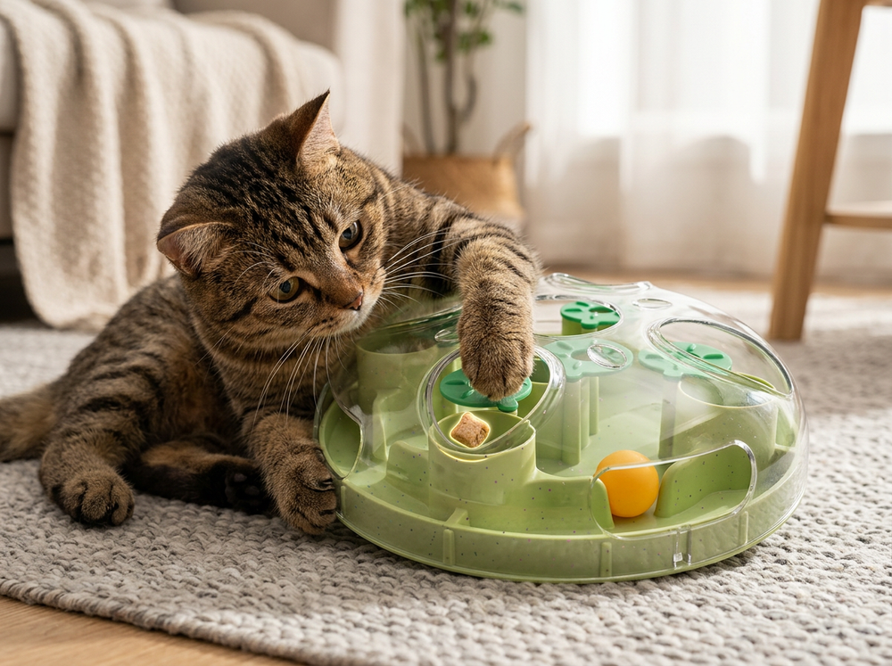 Cat rolling interactive treat dispenser ball and finding rewards.