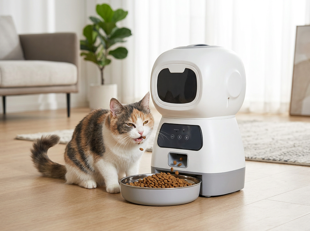 Cat eating from WiFi smart automatic feeder