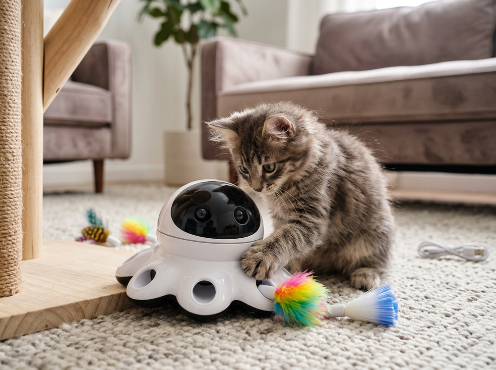 Cat playing with 8-hole whack-a-mole feather activity toy.