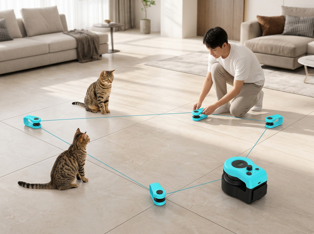  Interactive cat toy motor and pulley units arranged around an indoor play area