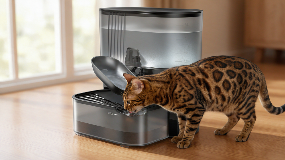 Tabby cat drinking fresh water from a stainless steel wireless water fountain