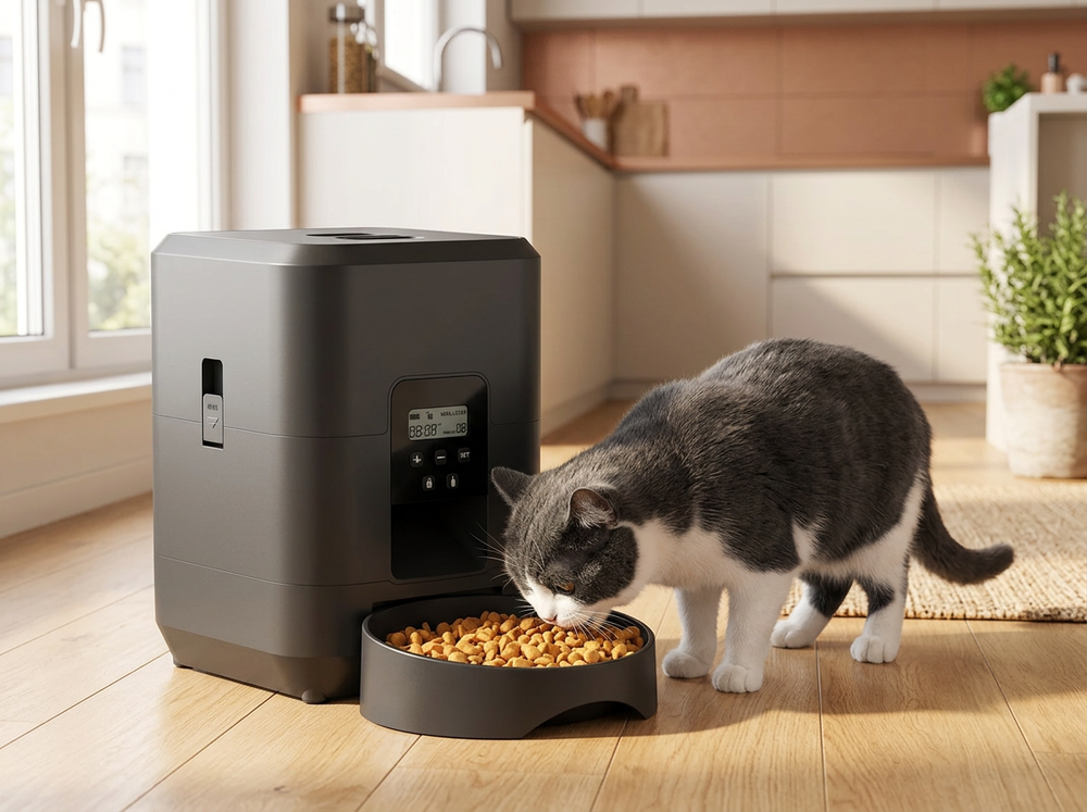 Cat eating dry kibble from a black automatic pet feeder bowl