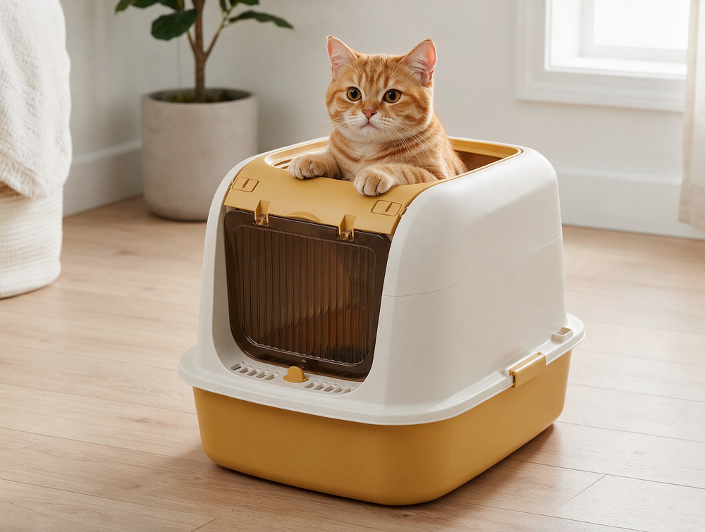 Cat entering fully enclosed litter box through brown front swing door