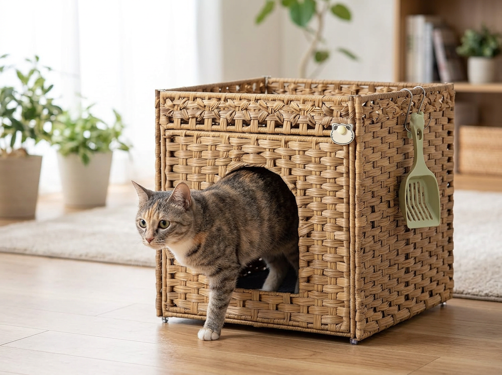 Cat entering rattan litter box enclosure through large arched opening