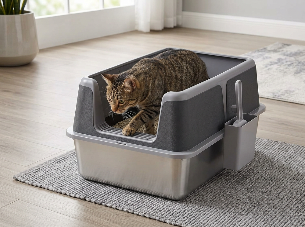 Cat stepping through lowered entrance of high-wall stainless steel litter box