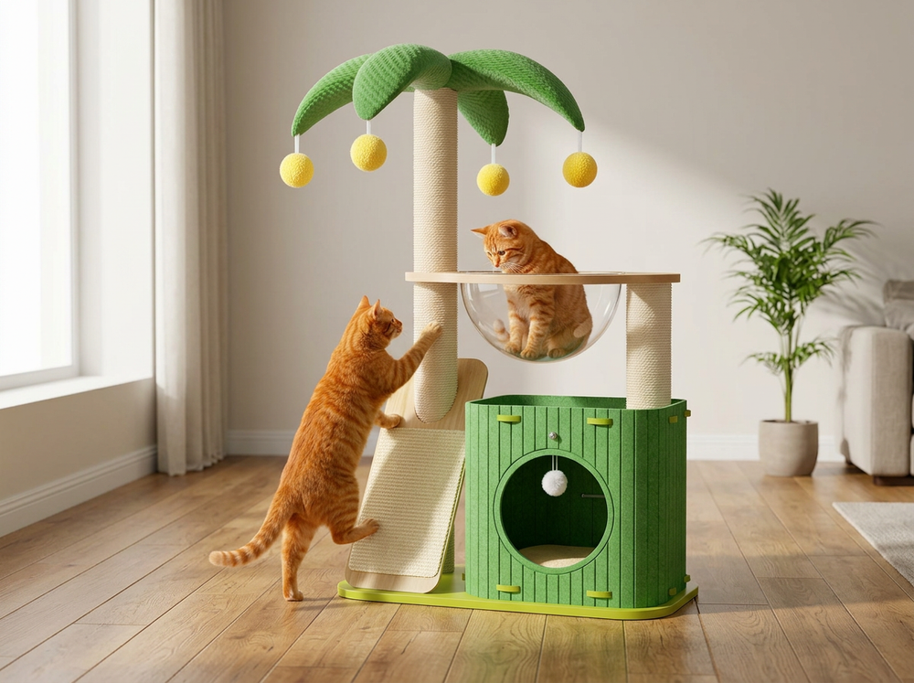  Cat climbing between the scratching ramp and elevated levels of a green multi-level cat tree.