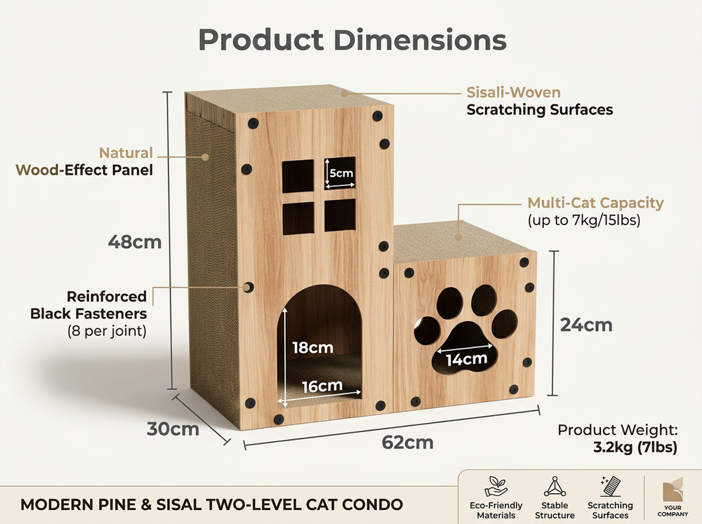  Two-level cat house measuring 45 cm high, 45 cm wide and 28 cm deep