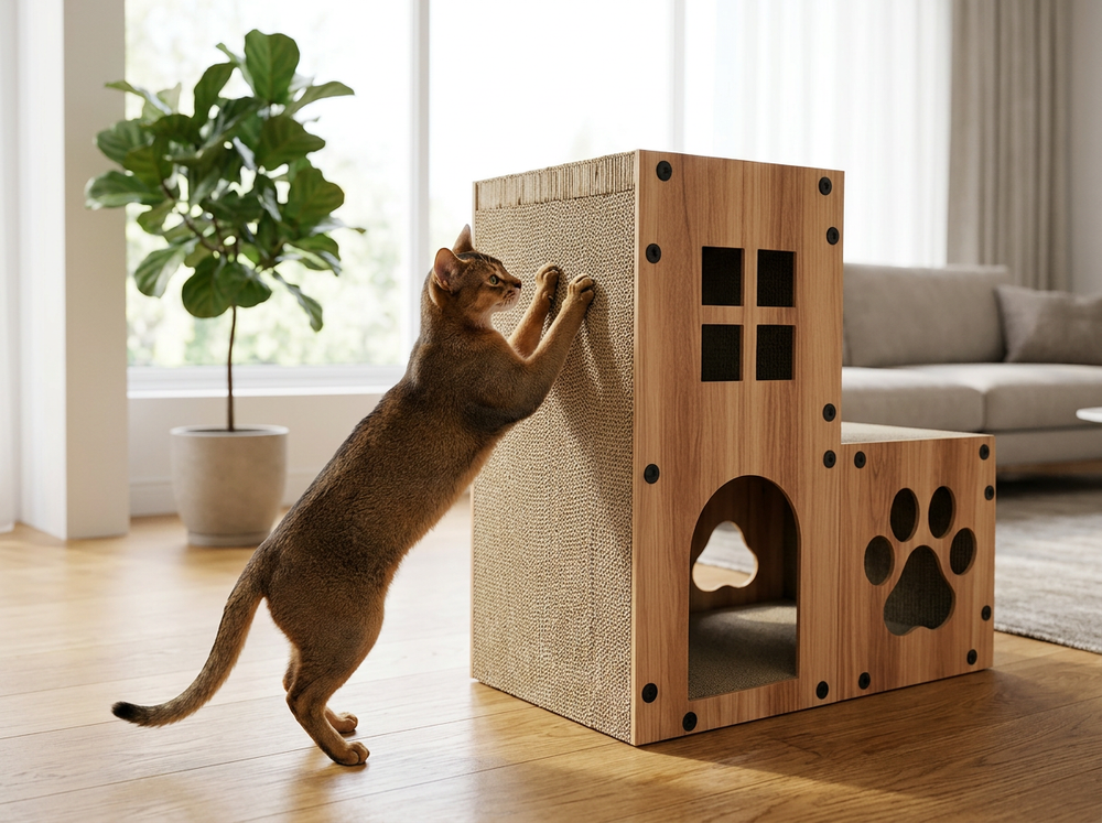  Cat scratching the textured side surface of a two-level indoor cat house