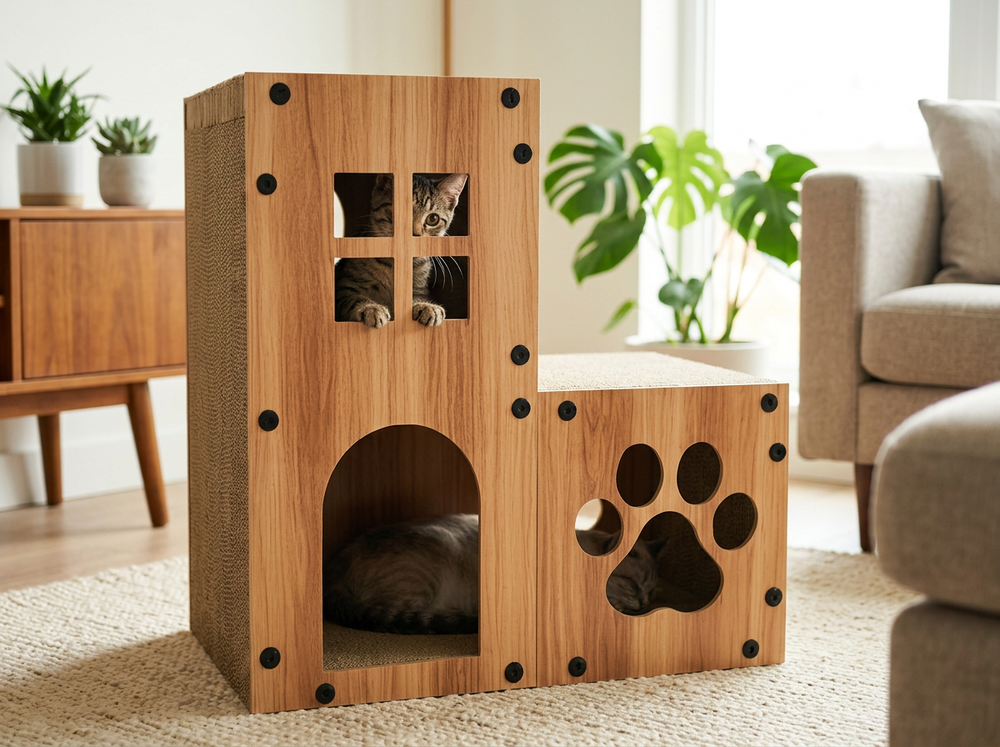  Cat house featuring square window openings and a decorative paw-shaped cut-out