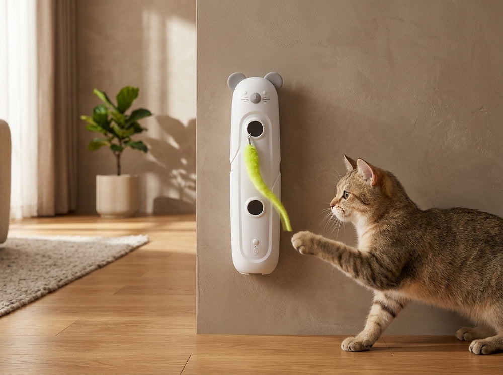 Playful cat reaching and pawing at the green moving teaser on a white interactive mouse chase toy indoors