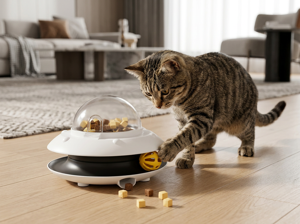  Indoor cat pawing the yellow interactive ball on an automatic treat dispensing puzzle toy