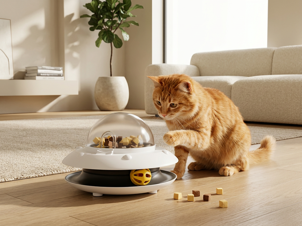 Curious indoor cat engaging with an automatic treat dispensing puzzle toy on a wooden floor