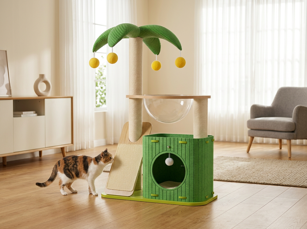  Green multi-level cat tree positioned on a flat indoor floor with a curious cat approaching it.