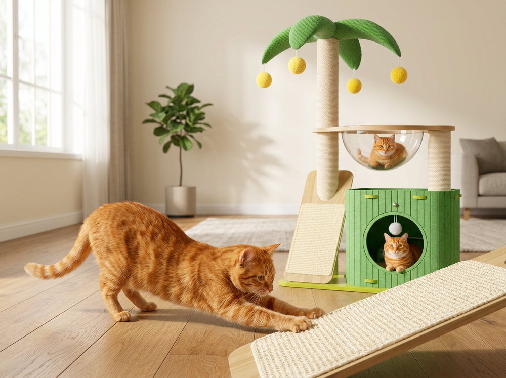 Orange tabby cat scratching the inclined sisal board on a green multi-level indoor cat tree.