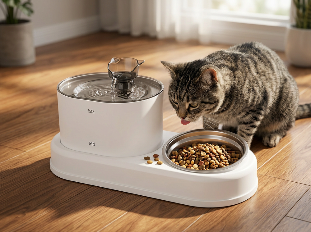 Cat drinking fresh water from automatic fountain with integrated pet food bowl