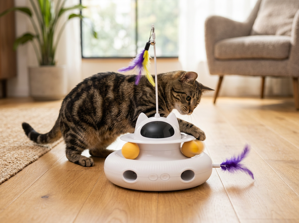  Indoor tabby cat playing with the rolling balls and feather features of a 4-in-1 automatic cat toy