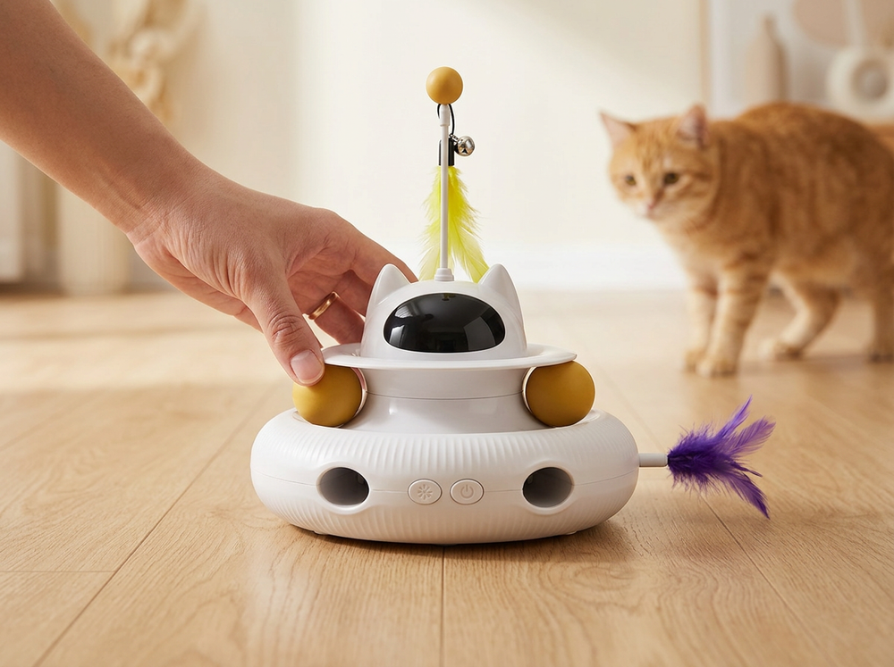  White 4-in-1 interactive cat toy being placed on a flat wooden floor ready for indoor play