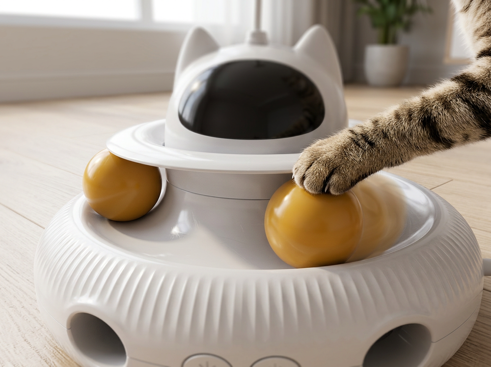 Cat paw interacting with two yellow rolling balls in the circular track of an automatic cat toy