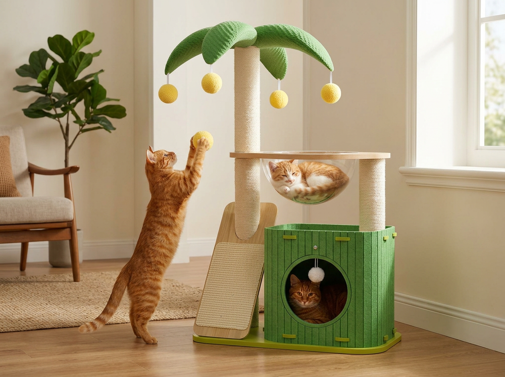 Cats playing with hanging toys and relaxing on different levels of a green indoor cat tree.