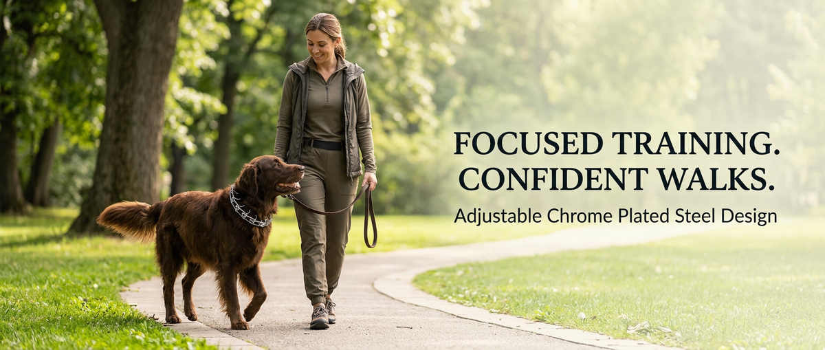Dog wearing chrome plated steel prong training collar during an outdoor training walk